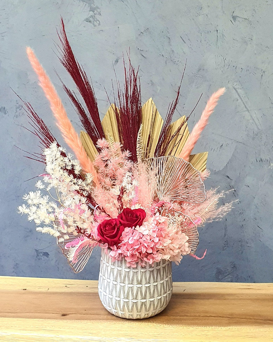 preserved red roses, red and pink, preserved flowers, dried flowers, pink hydrangea, light pink arrangement, metallic components, white fern, pink fern, white ceramic vase
