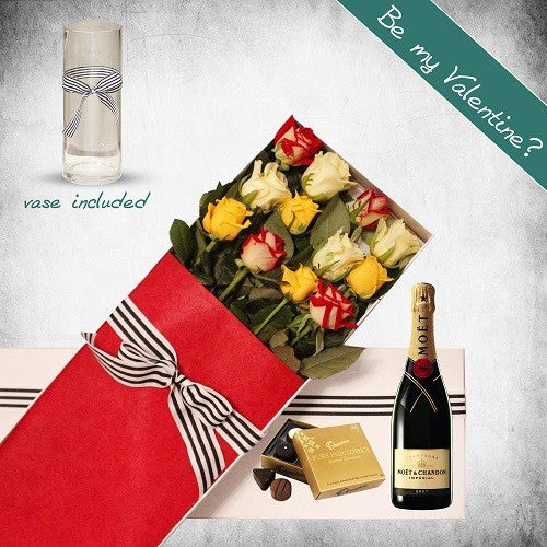 12 Long Stems Mixed Roses, Moet Gift Box