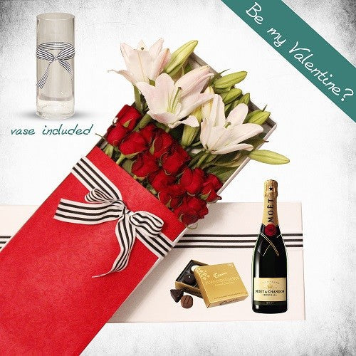 Roses, Lily and Moet Gift Box